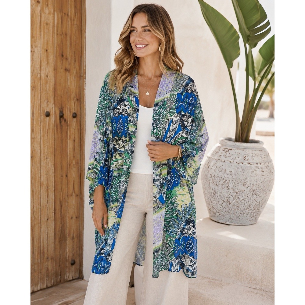 Valerie Stevens NWT Large Tropical Geometric Kimono Cardigan Open Front Resort L